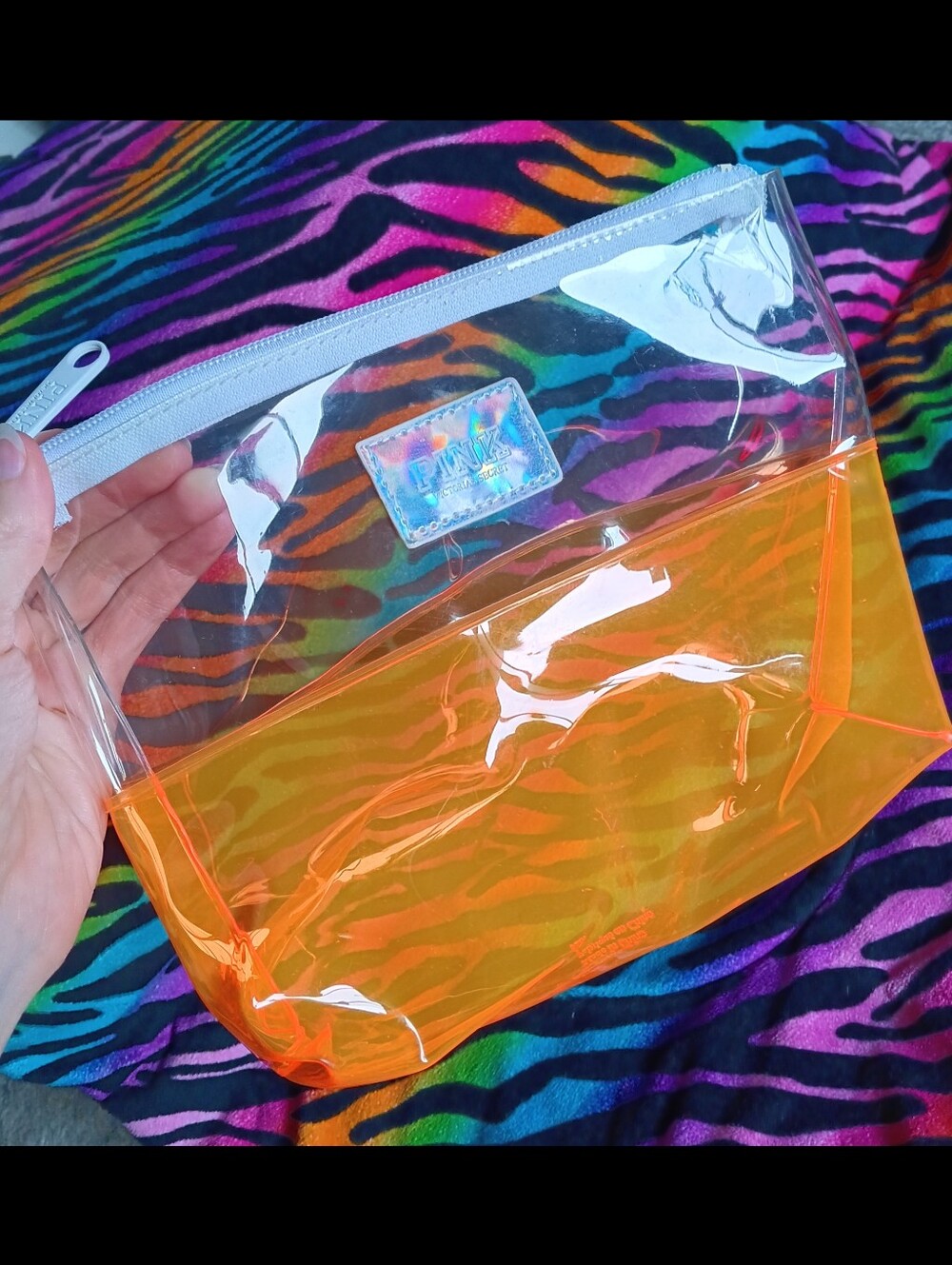 🧡 PINK Victoria's Secret Clear Neon Orange Makeup Bag Cosmetic Transparent Holo